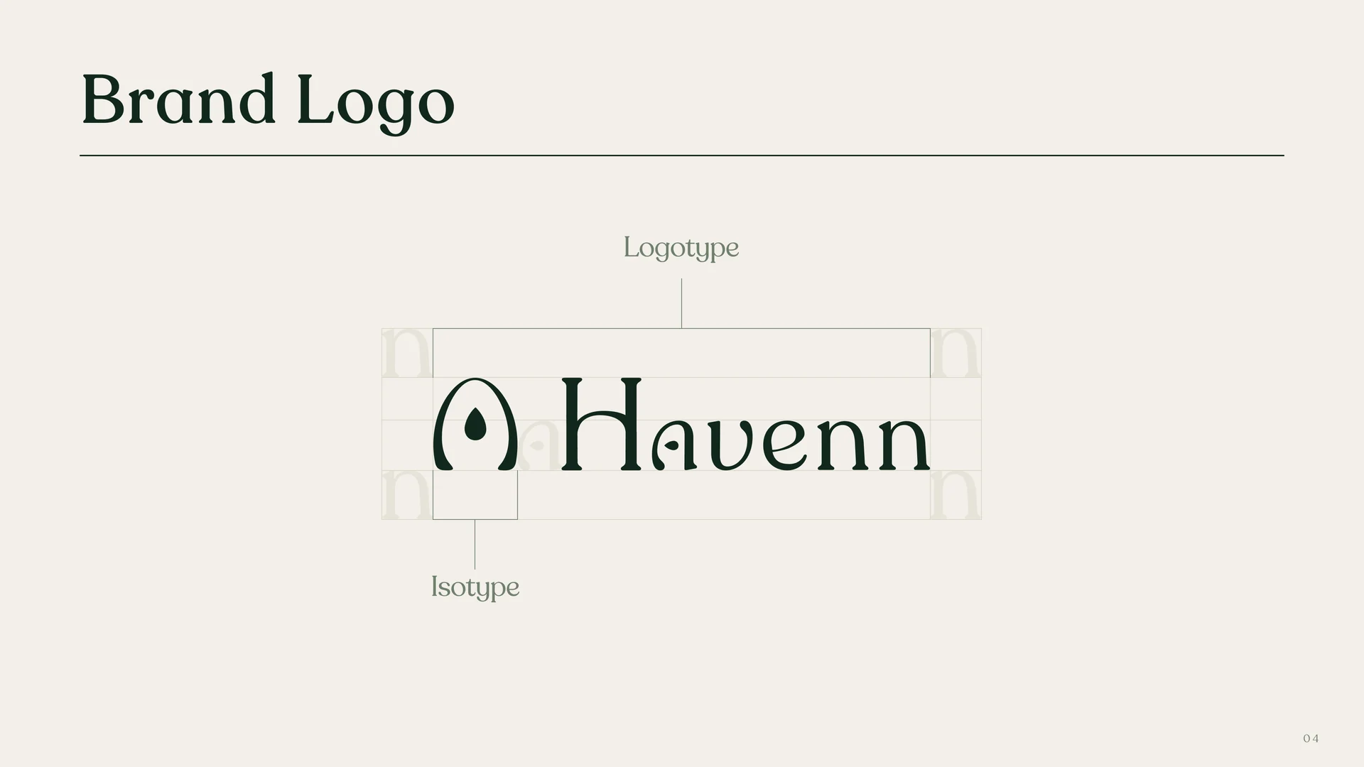 Havenn brand logo slide showing the isotype and the Havenn logotype side by side on a grid
