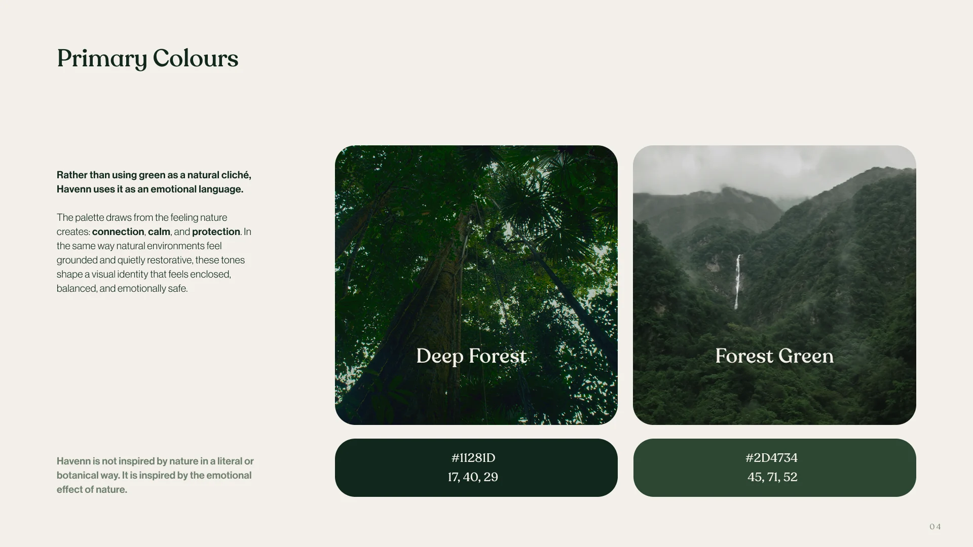 Havenn primary colour slide: Deep Forest and Forest Green shown against rainforest photography, with hex and RGB values