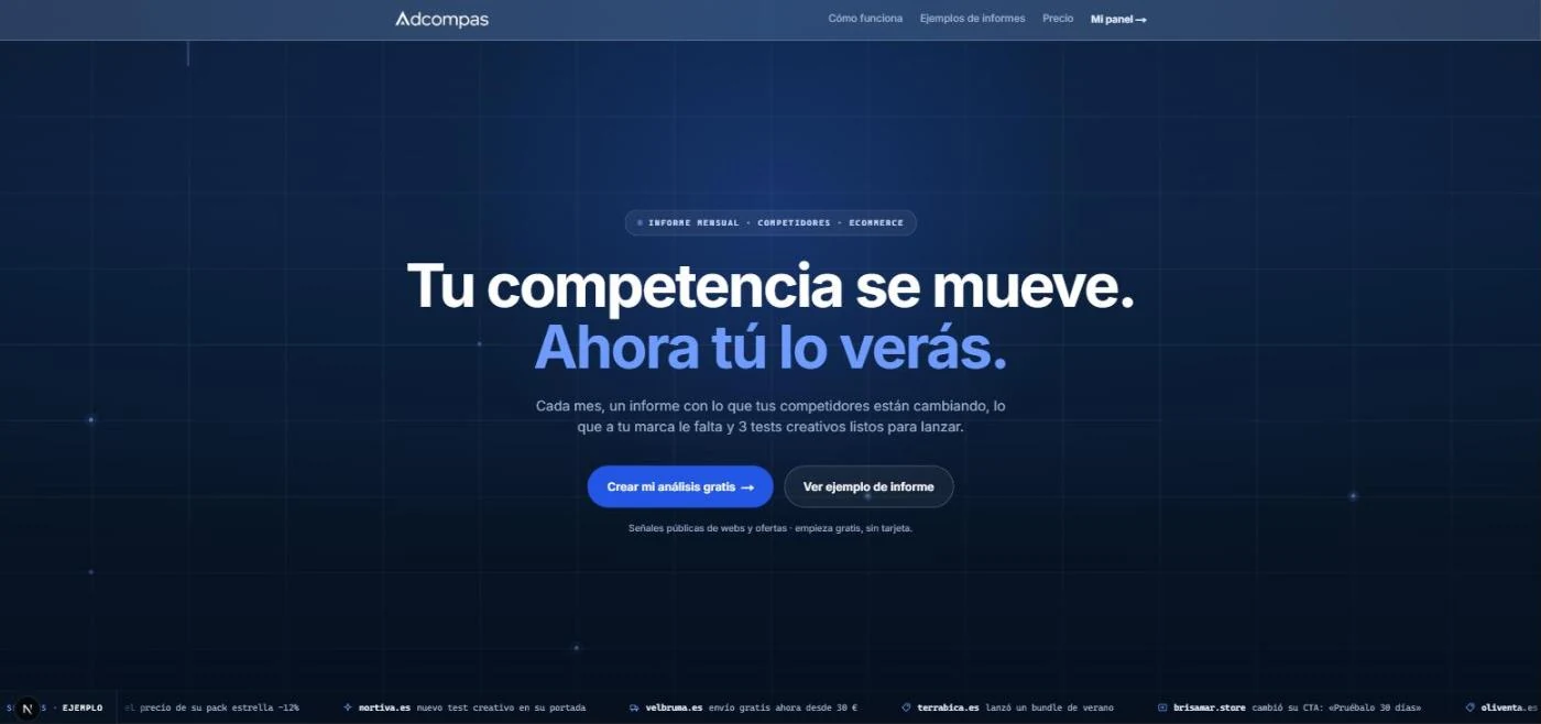 Adcompas landing page hero: a full-viewport navy signal field with the headline "Tu competencia se mueve. Ahora tú lo verás." and a live ticker of competitor changes