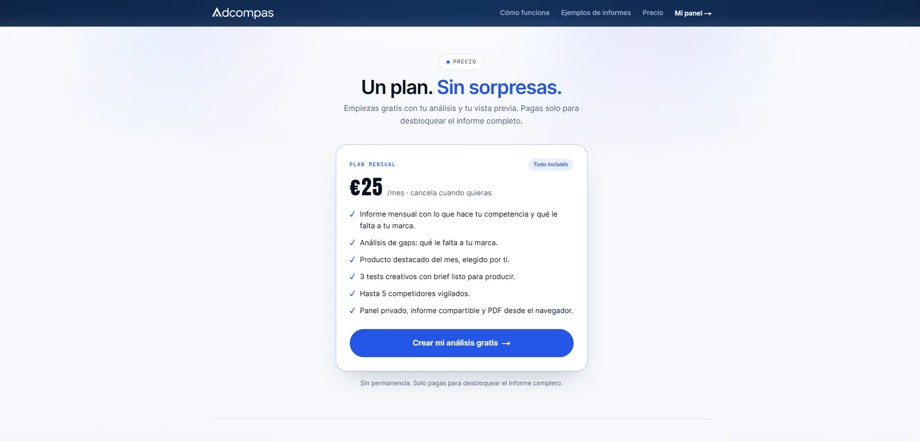 Adcompas pricing section: a single 25 euro monthly plan listing six deliverables, with a free-analysis call to action
