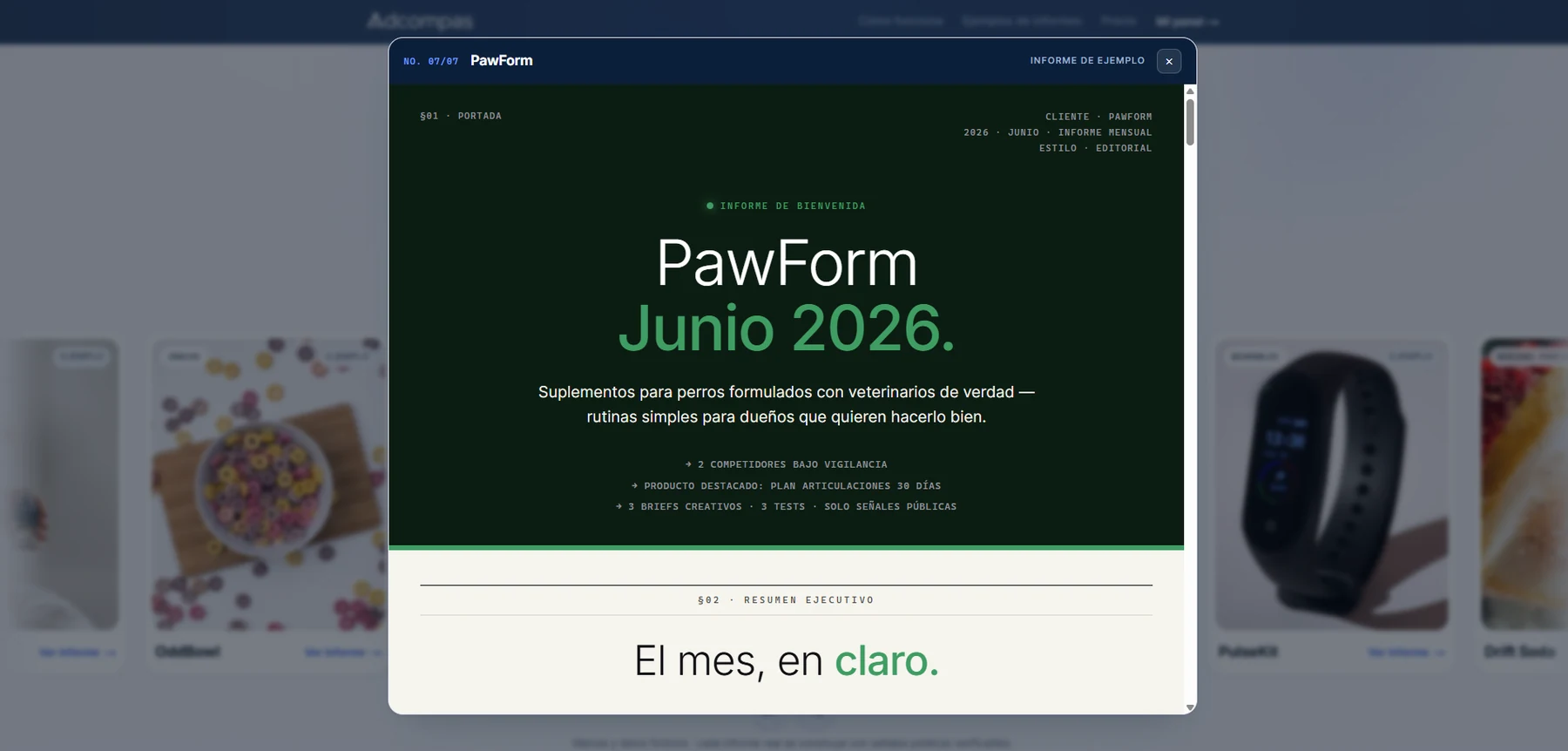 Adcompas report for PawForm opening in the reader, set in an editorial register with a deep green masthead