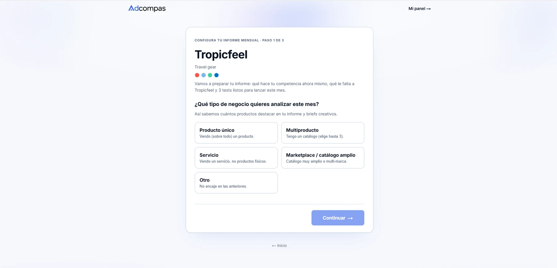 Adcompas setup wizard: the brand Tropicfeel already detected as travel gear with its colour palette read off the site, above a choice of business type