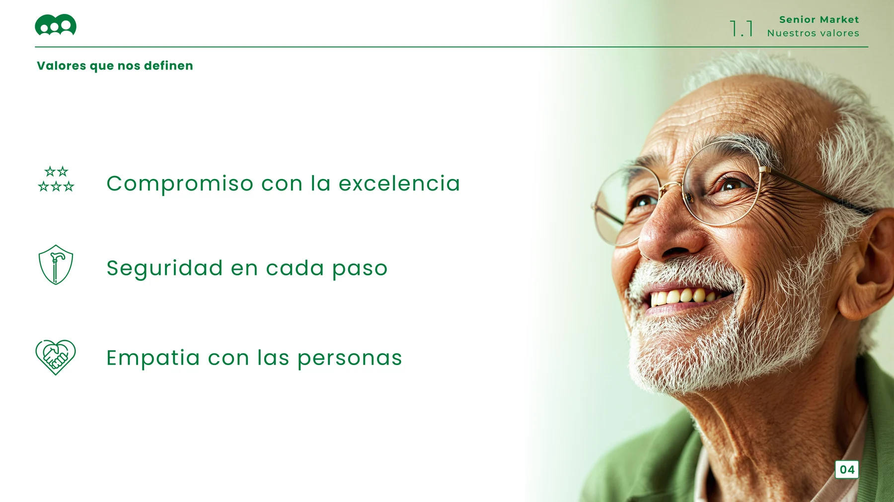 Values slide: three values with line icons beside a portrait of a smiling older man