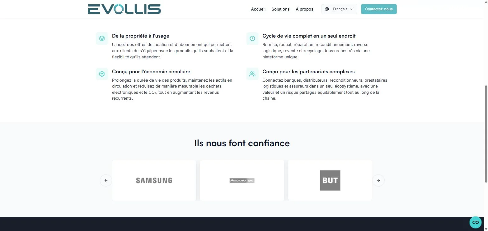 Evollis feature grid: four icon-and-text blocks on a two-column grid, above a row of client logos including Samsung