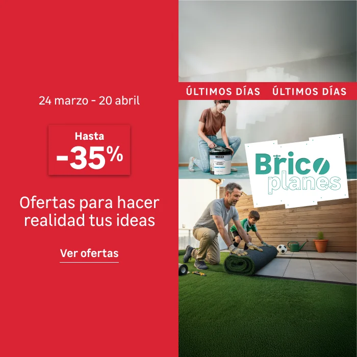 Bricoplanes web banner: a red panel carrying the dates, the minus thirty-five per cent flash and a Ver ofertas link, beside a photograph with a repeating ultimos dias marquee