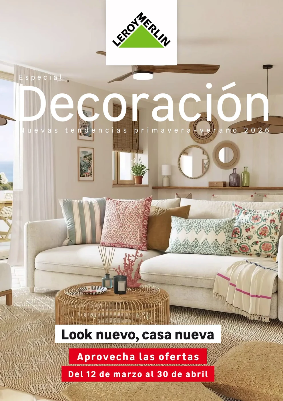 Cover of the Leroy Merlin Especial Decoracion catalogue: a styled living room with the masthead reversed out over it and a stacked offer lockup