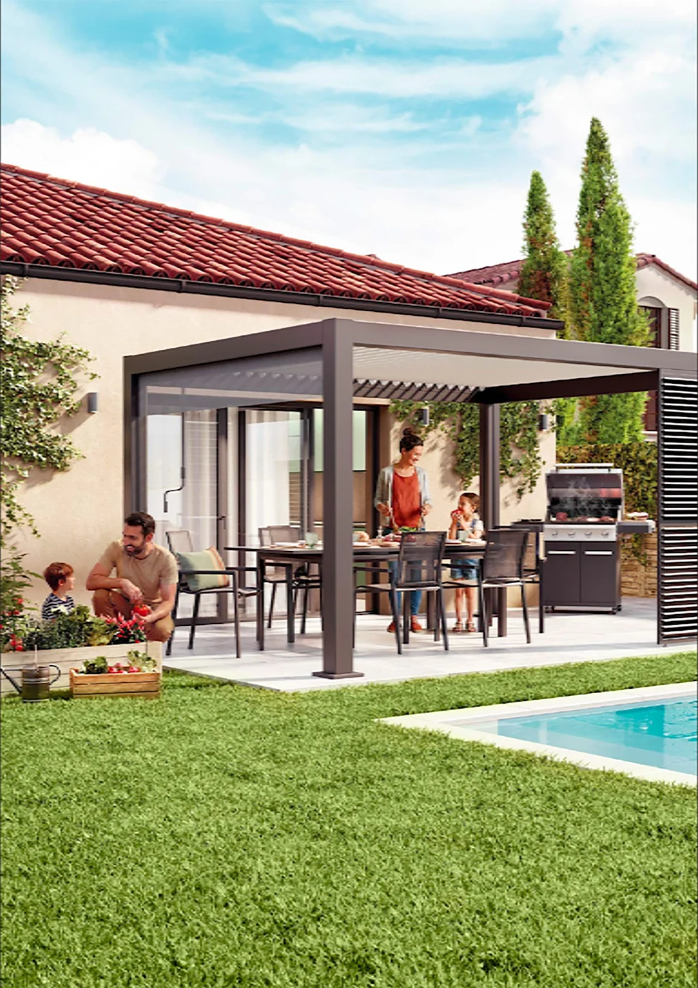 Cover of the Leroy Merlin jardin y terrazas catalogue: a family under a pergola beside a pool and lawn