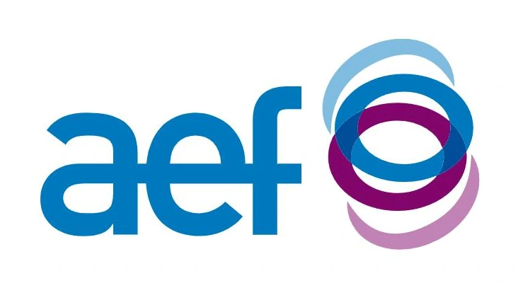 The AEF mark: a blue lowercase aef wordmark beside overlapping blue and purple rings