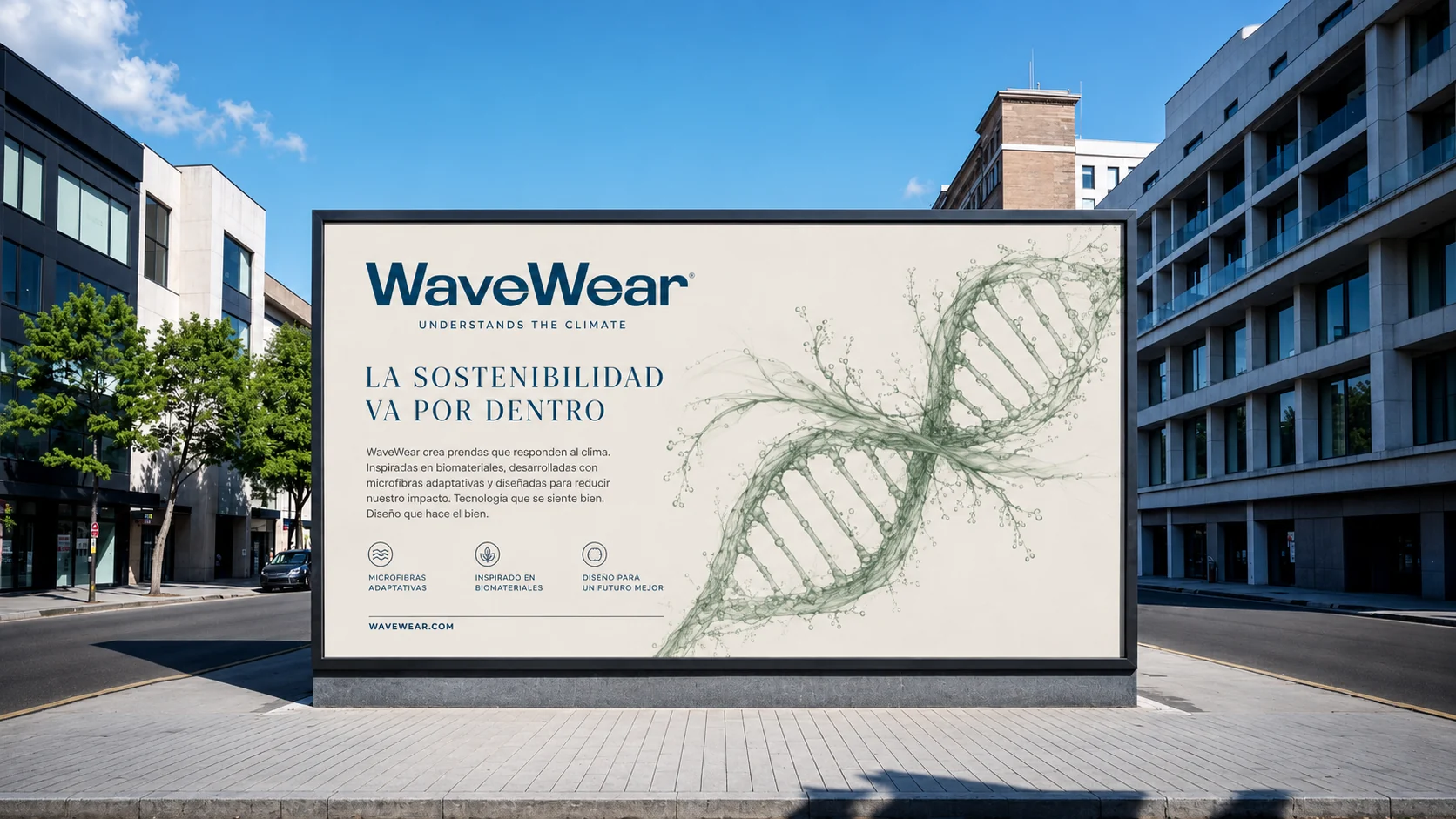 WaveWear horizontal billboard with DNA graphic and campaign text