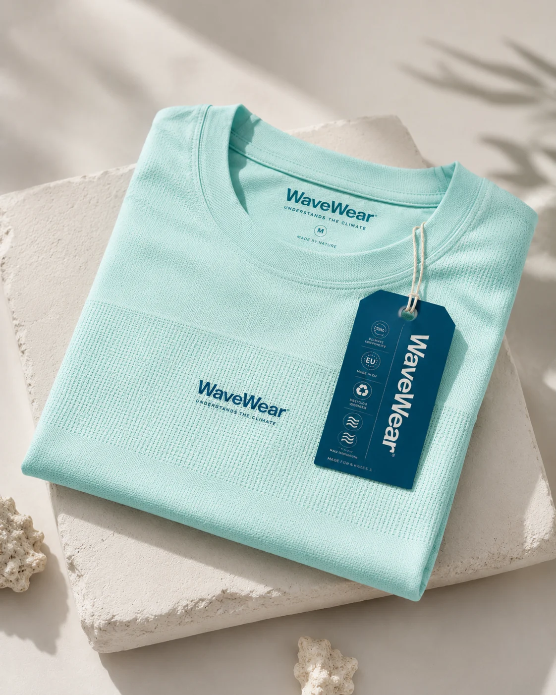 WaveWear folded seafoam shirt with WaveWear tag and knit texture